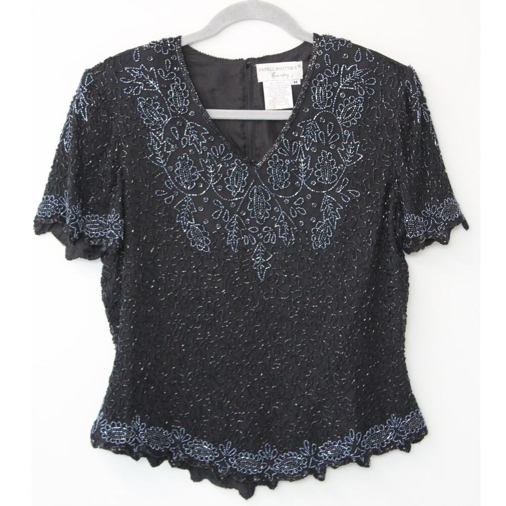 Vintage Papell Boutique Evening Black Intricately Beaded Zip Up Silk Blouse Sz M